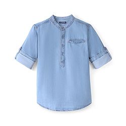 Pine Kids Full Sleeves Denim Solid Colour Mandarin Neck Shirt - Blue