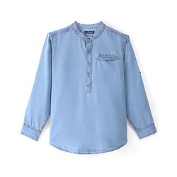 Pine Kids Full Sleeves Denim Solid Colour Mandarin Neck Shirt - Blue