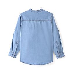 Pine Kids Full Sleeves Denim Solid Colour Mandarin Neck Shirt - Blue