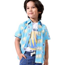 Pine Kids Cotton Half Sleeves Palm Tree Printed Shirt - Blue