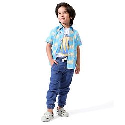 Pine Kids Cotton Half Sleeves Palm Tree Printed Shirt - Blue