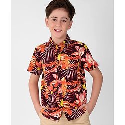 Pine Kids Cotton Woven Half Sleeves Leafy Print Shirt - Multicolour