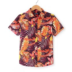 Pine Kids Cotton Woven Half Sleeves Leafy Print Shirt - Multicolour