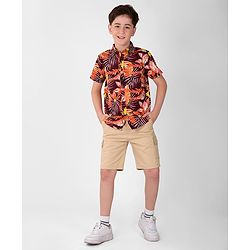 Pine Kids Cotton Woven Half Sleeves Leafy Print Shirt - Multicolour