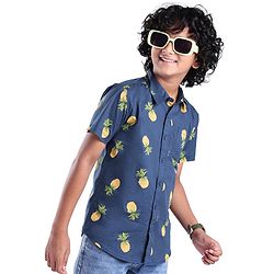Pine Kids Cotton Woven Half Sleeves Pineapple Printed Shirts - Blue