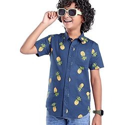 Pine Kids Cotton Woven Half Sleeves Pineapple Printed Shirts - Blue