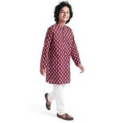 Pine Kids Full Sleeves Floral Printed Kurta Pyjama Set - Maroon & White