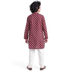 Pine Kids Full Sleeves Floral Printed Kurta Pyjama Set - Maroon & White