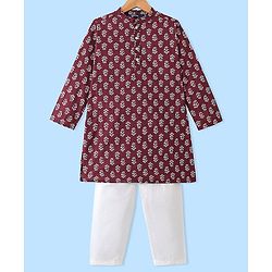 Pine Kids Full Sleeves Floral Printed Kurta Pyjama Set - Maroon & White