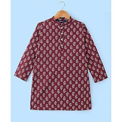 Pine Kids Full Sleeves Floral Printed Kurta Pyjama Set - Maroon & White