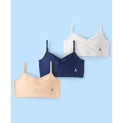 Pine Kids Cotton Sleeveless Bralettes Solid Colour Set of 3 - Blue Beige and White