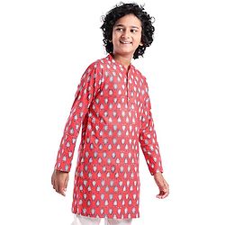 Pine Kids 100% Cotton Woven Full Sleeves Kurta & Pajama Set Floral Print - Maroon