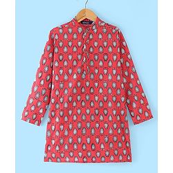 Pine Kids 100% Cotton Woven Full Sleeves Kurta & Pajama Set Floral Print - Maroon