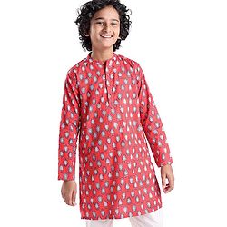 Pine Kids 100% Cotton Woven Full Sleeves Kurta & Pajama Set Floral Print - Maroon