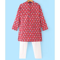 Pine Kids 100% Cotton Woven Full Sleeves Kurta & Pajama Set Floral Print - Maroon