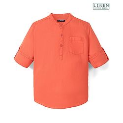 Pine Kids Linen Full Sleeves Solid Color Kurta Shirt - Orange