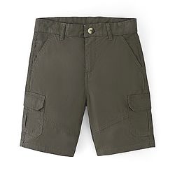 Pine Kids Cotton Woven Solid Shorts with Adjustable Elasticated Waist- Olive