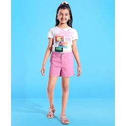 Pine Kids Cotton Woven Solid Shorts with Elasticated Waist- Pink