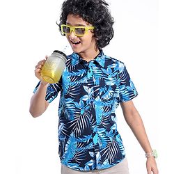 Pine Kids Cotton Woven Half Sleeves Shirt Leafy Print- Blue
