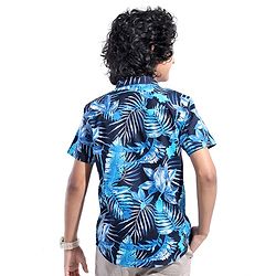Pine Kids Cotton Woven Half Sleeves Shirt Leafy Print- Blue