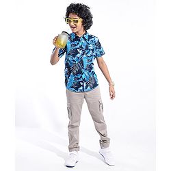Pine Kids Cotton Woven Half Sleeves Shirt Leafy Print- Blue
