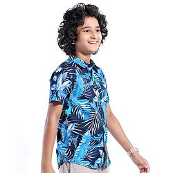 Pine Kids Cotton Woven Half Sleeves Shirt Leafy Print- Blue