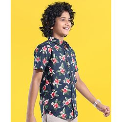Pine Kids Cotton Half Sleeves Leaves Printed Shirt - Blue