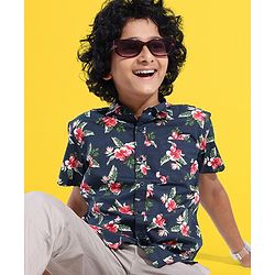 Pine Kids Cotton Half Sleeves Leaves Printed Shirt - Blue