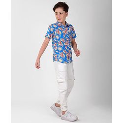 Pine Kids Cotton Half Sleeves Shirt All Over Tropical Print - Blue