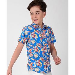 Pine Kids Cotton Half Sleeves Shirt All Over Tropical Print - Blue