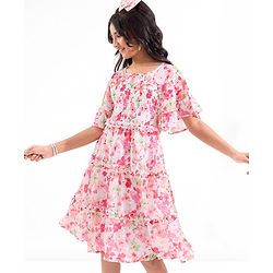 Pine Kids Woven Flared Sleeves All Over Floral Printed Tiered Dress - Pink