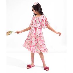 Pine Kids Woven Flared Sleeves All Over Floral Printed Tiered Dress - Pink