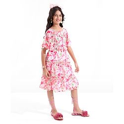 Pine Kids Woven Flared Sleeves All Over Floral Printed Tiered Dress - Pink