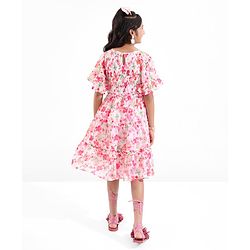 Pine Kids Woven Flared Sleeves All Over Floral Printed Tiered Dress - Pink