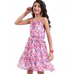 Pine Kids Woven Sleeveless All Over Floral Printed Tiered Dress - Purple