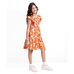 Pine Kids 100% Cotton Woven Ruffled Sleeves All Over Abstract Printed Dress - Orange