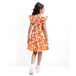 Pine Kids 100% Cotton Woven Ruffled Sleeves All Over Abstract Printed Dress - Orange