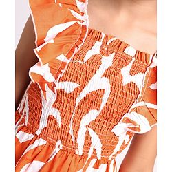 Pine Kids 100% Cotton Woven Ruffled Sleeves All Over Abstract Printed Dress - Orange