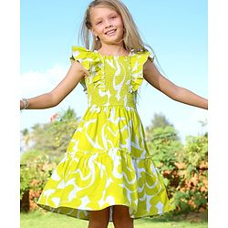 Pine Kids 100% Cotton Woven Ruffled Sleeves All Over Abstract Printed Smoked Dress - Lime Green