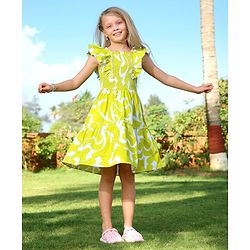 Pine Kids 100% Cotton Woven Ruffled Sleeves All Over Abstract Printed Smoked Dress - Lime Green