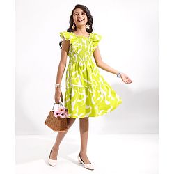 Pine Kids 100% Cotton Woven Ruffled Sleeves All Over Abstract Printed Smoked Dress - Lime Green