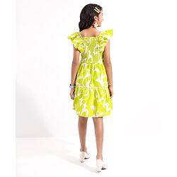 Pine Kids 100% Cotton Woven Ruffled Sleeves All Over Abstract Printed Smoked Dress - Lime Green