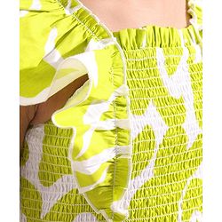 Pine Kids 100% Cotton Woven Ruffled Sleeves All Over Abstract Printed Smoked Dress - Lime Green