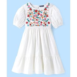 Pine Kids Cotton Half Sleeves Frock with Floral Embroidery - White