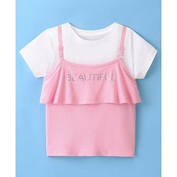 Pine Kids Cotton Beautiful Embellished Top with Half Sleeves Inner Tee - Pink & Snow White