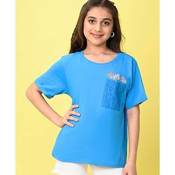 Pine Kids Cotton Knit Half Sleeves T-Shirt Floral Embroidery - Blue