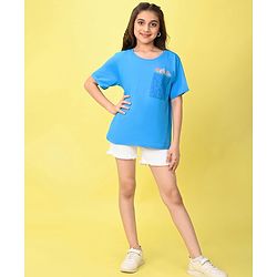 Pine Kids Cotton Knit Half Sleeves T-Shirt Floral Embroidery - Blue
