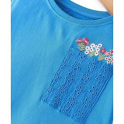 Pine Kids Cotton Knit Half Sleeves T-Shirt Floral Embroidery - Blue