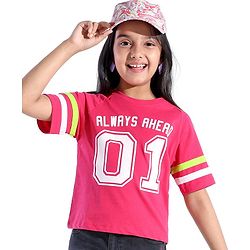 Pine Kids Cotton Knit Half Sleeves T-Shirts Text Print- Rose Red