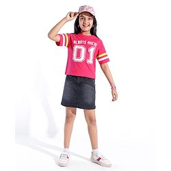 Pine Kids Cotton Knit Half Sleeves T-Shirts Text Print- Rose Red